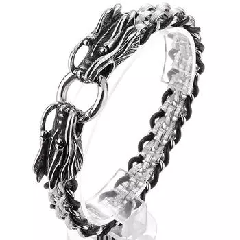 Готический браслет с двойной головой дракона для мужчин, плетеный браслет из кожи и нержавеющей стали, мужские браслеты, ювелирные изделия, подарки 22CM серебряный