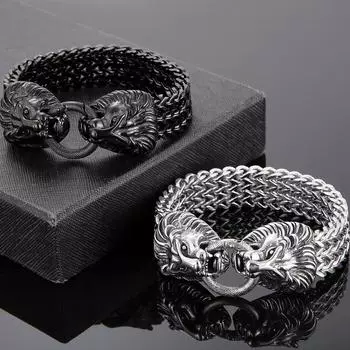 Готический браслет с двойной головой льва для мужчин, нержавеющая сталь, ширина 18 мм, квадратная цепочка Франко, мужские браслеты, ювелирные изделия на запястье с животными, большой размер 23,5 см 23.5CM серебряный