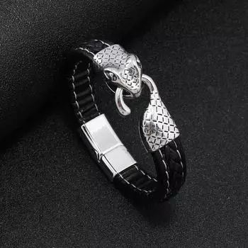 Готический браслет в виде змеи, мужской плетеный браслет из нержавеющей стали в виде головы змеи в стиле хип-хоп, кожаные украшения для рук, мужские рок-аксессуары чёрный