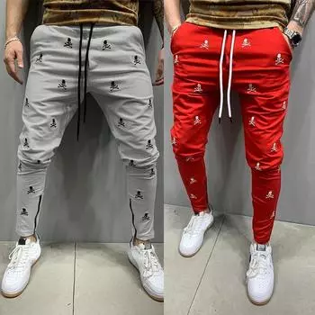 Готический череп с полным принтом, повседневные мешковатые мужские спортивные штаны, вельветовые прямые спортивные штаны, мужские длинные брюки в стиле хип-хоп M красный