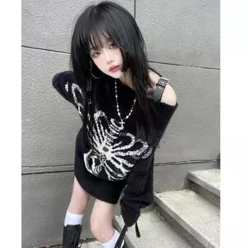 Готический череп с принтом Harajuku свитер топы эстетичный женский черный пуловер Harajuku мода уличная одежда топы S чёрный
