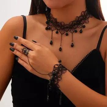 Готический черный цветок кружево бусины цепи кисточки колье ожерелье браслеты наборы для женщин девушки руки цепи браслет Хэллоуин ювелирные наборы украшения чёрный