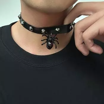 Готический черный паук кулон PU кожаное ожерелье преувеличенный хип-поп винтажные заклепки ожерелья для мужчин Y2K подвески Хэллоуин ювелирные изделия подарок