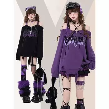 Готический гот Harajuku свитер большого размера с открытыми плечами, сексуальный принт с буквами, длинный рукав, черные пуловеры, осень S чёрный