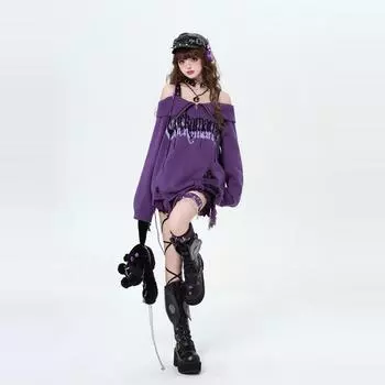 Готический гот Harajuku свитер большого размера с открытыми плечами, сексуальный принт с буквами в стиле гранж, длинные рукава, черные пуловеры S чёрный