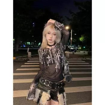 Готический готический черный сетчатый топ женские эстетичные укороченные футболки с открытыми плечами и графикой прозрачные футболки Y2k One Size чёрный