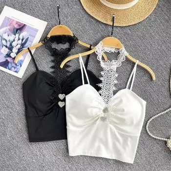 Готический гранж Y2k Майки с висячим вырезом, женские сексуальные топы с кружевными ремешками и бриллиантами, Эстетический модный дизайн, уличная одежда, жилет для вечеринок One Size чёрный