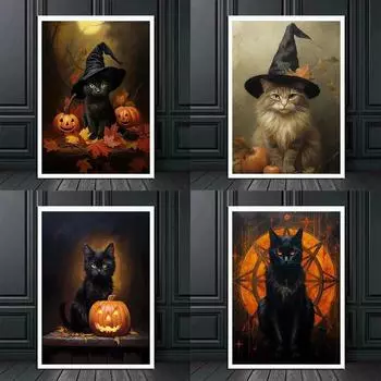 Готический Хэллоуин, милый ужас, черный кот, винтажные постеры, художественная печать, холст, живопись, настенные художественные фотографии для гостиной, домашний декор, без рамки 21*30cm