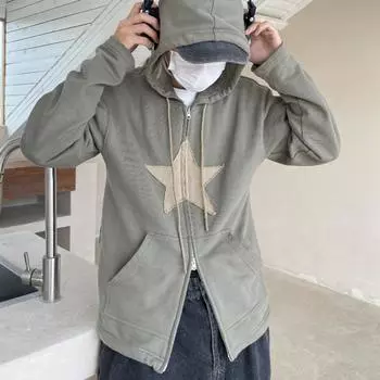 Готический Harajuku, винтажные толстовки со звездами, корейская мода, свободная толстовка на молнии с длинными рукавами в стиле хип-хоп, куртка Y2k, стильная одежда S чёрный