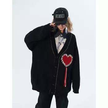 Готический кардиган с сердцем, свитер для женщин, черный вязаный джемпер с эмо-вышивкой в стиле Харадзюку, женские винтажные куртки с длинными рукавами M чёрный