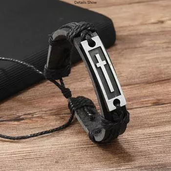 Готический крест кожаный браслет для мужчин винтажная плетеная веревка ручная цепочка хип-хоп религиозная веревка ручной работы