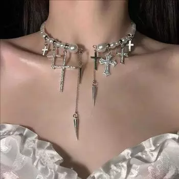 Готический крест, многослойные жемчужные бриллиантовые ожерелья, персонализированные ожерелья с подвесками, серебряные цепочки, православные кресты, ювелирные изделия для женщин, эффектные ожерелья