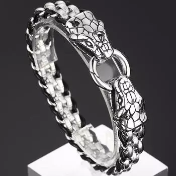 Готический однотонный браслет из нержавеющей стали со змеиной головой для мужчин, байкерский мужской браслет, плетеный кожаный ремешок на запястье со змеиной головой 22CM серебряный