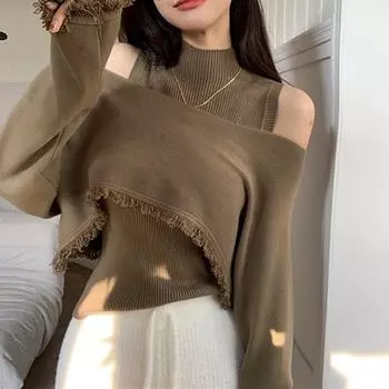 Готический однотонный вязаный пуловер, академический свитер Y2k, винтажный комплект из двух предметов в стиле Харадзюку, джемперы, осенняя одежда, женские топы One size хаки