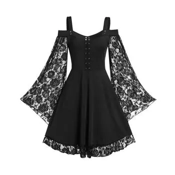 Готический панк-платье для девочек, миди, сексуальное кружевное лоскутное платье с длинными расклешенными рукавами, женское платье в стиле Харадзюку с открытыми плечами и бретельками на Хэллоуин S чёрный