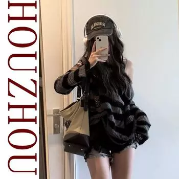 Готический панк свитера с отверстиями женская мода Harajuku пуловер большого размера свитер вязаный джемпер модный винтажный полосатый свитер S чёрный