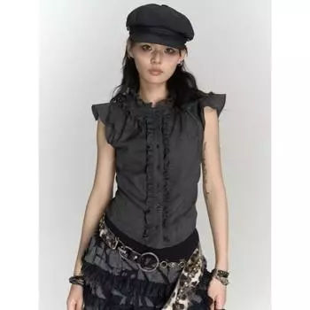 Готический панк винтажные футболки женские корейский стиль Харадзюку уличная одежда пэчворк оборки без рукавов тонкие футболки топ 2024 шикарный S серый