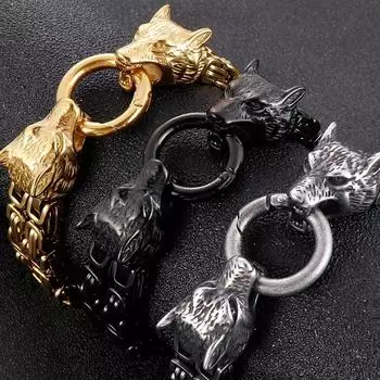 Готический панк волчья голова мужской браслет для мужчин винтажный нержавеющая сталь 14 мм двойная цепь мужские браслеты на запястье мужские ювелирные изделия аксессуары 22CM серебряный