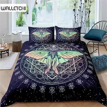 Готический пододеяльник с изображением моли, пододеяльник с изображением бабочки, геометрический рисунок на Хэллоуин для мальчиков и девочек, подростков, мистический, фэнтези, декоративный, темно-синий EU single(135x200cm)