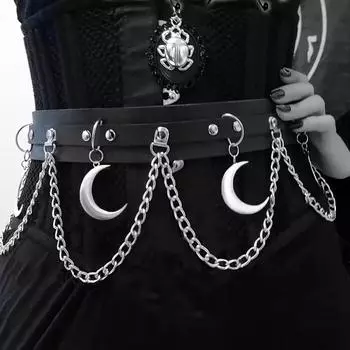 Готический пояс, женский широкий пояс с цепочкой, кисточкой, подвеской в виде полумесяца, пояс Лолиты, наряд для фестиваля в стиле рейв one size чёрный