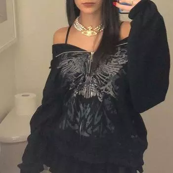 Готический принт бабочки ретро толстовки готические темные академические эмо куртки пальто винтажные Y2K гранж толстовки на молнии S чёрный