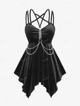 Готический PU ремешок Rosegal с люверсом, многослойная цепочка с перекрещенными бретелями, асимметричный платок, бархатный топ на бретельках с открытой спиной L чёрный