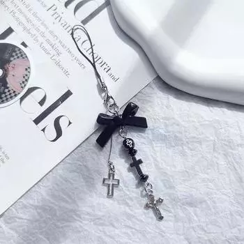 Готический ремешок для телефона Y2K, черный бант, телефонный шнурок, держатель для ключей с крестиком, подвесное украшение
