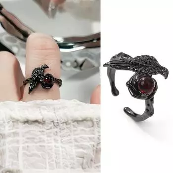 Готический ретро красный кристалл геометрический нерегулярный открытый набор колец панк Y2K животное ворона кольца Хэллоуин аксессуары для женщин Kpop ювелирные изделия чёрный