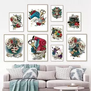 Готический стиль Череп Роза Вышивание Парикмахерская Настенная картина с принтом на холсте Винтажный плакат на скандинавскую тему, украшение, фотографии для гостиной A4 21X30cm No Framed