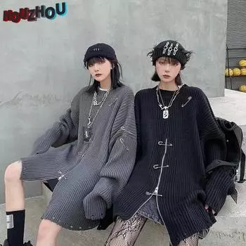 Готический свитер на молнии, женский осенний пуловер большого размера в стиле панк, хип-хоп, корейская уличная одежда, повседневный черный рваный свитер, женский топ с длинными рукавами M чёрный