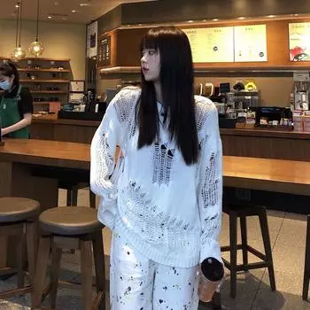 Готический свитер с вырезом и дырками, свободные трикотажные пуловеры, эмо-стритстайл, гранж-одежда, топы 2000 года S белый