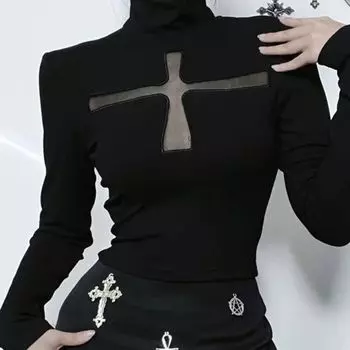 Готический темный крест полые длинные рукава топ Harajuku Y2K винтажный панк сексуальный перспектива модный стиль тонкий женский топ L чёрный