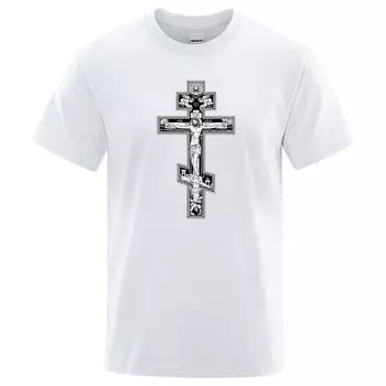 Готический темный стиль православный крест Иисус маленький ангел мужская одежда мода хлопок свободная футболка узор летняя одежда S