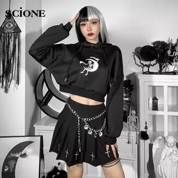Готический укороченный топ Лолита, темные толстовки с принтом черепа, короткий свитер с капюшоном и длинными рукавами, осенне-зимний укороченный топ S чёрный