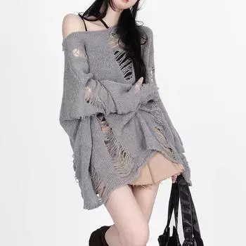 Готический уличный серый свитер большого размера для женщин в стиле Харадзюку, винтажный вязаный джемпер с вырезом и длинными рукавами, одежда 2000 года One Size белый