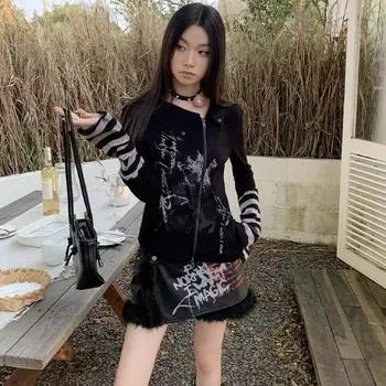Готический Винтаж Панк Толстовка Женская Американский Ретро Гранж Y2k Графический Полосатый Пэчворк Молния Футболки Топы Весна S чёрный