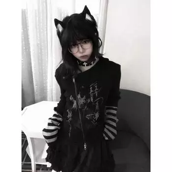 Готический Винтаж Панк Толстовка Женская Американский Ретро Гранж Y2k Графический Полосатый Пэчворк Молния Футболки Топы Весна S чёрный