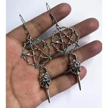 Готический Винтаж Ведьма Ворона Скелет Голова Клюв Пентаграмма Серьги-подвески Свадебная вечеринка Подарки на праздники и женские повседневные украшения серебряный
