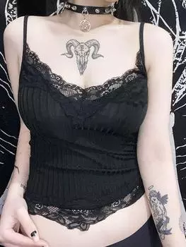 Готический Y2k Базовый облегающий женский топ-топ в стиле гранж-панк, черный, повседневный, с кружевной отделкой, сексуальный, с открытой спиной, альтернативная одежда, лето S чёрный