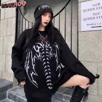 Готический женский рваный свитер с длинными рукавами в стиле хип-хоп, уличная одежда с принтом, панк, японский стиль, зимний женский вязаный свитер большого размера с круглым вырезом в стиле гранж M чёрный