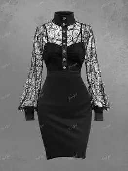 Готическое мини-платье с кружевными вставками в форме сердца и пуговицами на рукавах-фонариках Rosegal Rosegal Russia XL чёрный