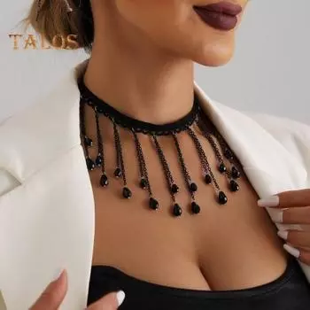 Готическое ожерелье-чокер, легкие металлические ожерелья с кисточками и французскими кристаллами с регулируемой длиной для женщин чёрный
