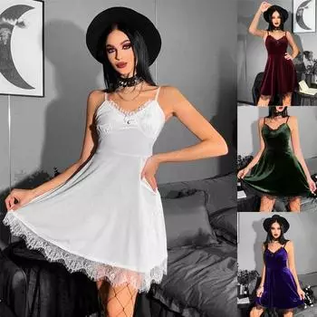 Готическое панк-бархатное платье Сексуальные черные мини-короткие платья без рукавов на бретельках S белый