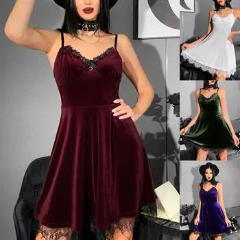 Готическое панк-бархатное платье Сексуальные черные мини-короткие платья без рукавов на бретельках S красный