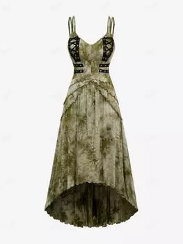 Готическое платье Rosegal на шнуровке с D-образным кольцом и люверсами, многослойные оборки, галстук-краска, высокая низкая спинка, асимметричное платье трапециевидной формы на бретельках 2XL глубокий/зелёный