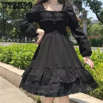Готическое платье с кружевной строчкой, темно-черное черное платье с пузырьковыми рукавами, женское весеннее платье, платье в женском стиле S чёрный