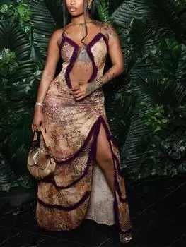 Готическое сексуальное длинное платье без рукавов с разрезом, женское летнее ретро кружевное платье с вырезами, женское винтажное пляжное платье с лямкой на бретельках, праздничная одежда S коричневый