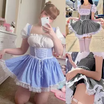 Готическое синее клетчатое платье в стиле Лолиты с кружевными рукавами-фонариками Мини-платья для девочек 2000 года S синий
