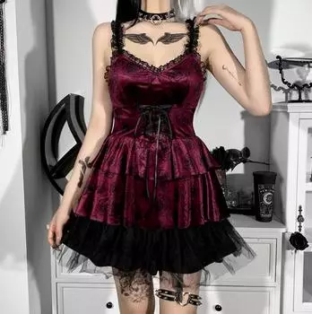 Готическое винтажное бархатное платье с цветочным принтом Y2K Эстетическое гранж-панк сексуальное V Ncek Корсетные платья с высокой талией Женское праздничное платье S красный