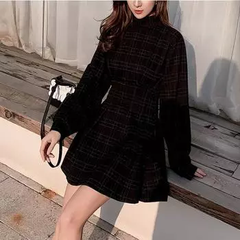 Готическое винтажное черное мини-платье Эстетическое элегантное платье с высокой талией и крестом-кулоном Уличная одежда для вечеринок с длинными рукавами XL чёрный